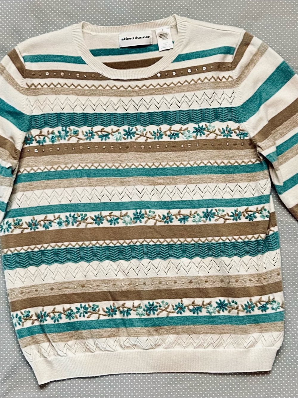 Alfred Dunner Cream, Teal & Tan Striped Embroidered Knit Sweater